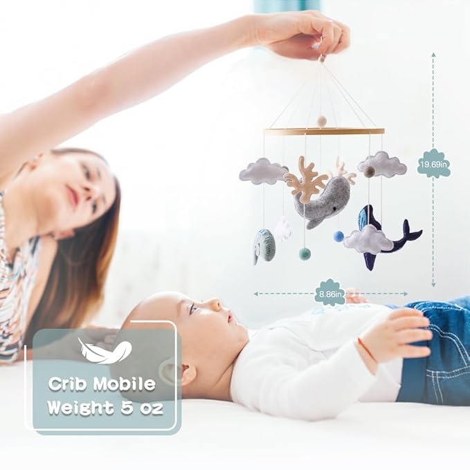 EERKEOD Baby Crib Mobile Ocean Nursery Mobile for Boys Girls Handmade Felt Mobile for Crib Nursery Decor for Infant Bedroom Hanging Baby Mobile for Bassinet Newborn Baby Gift(Whales)