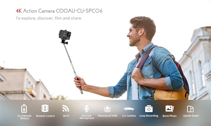 COOAU 4K 20MP Wi-Fi Action Camera External Microphone Remote Control Underwater 40M Waterproof Sport Camera Time Lapse with 2X1200mAh Batteries and 20 Accessories