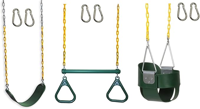 Eastern Jungle Gym Pack of 3 Backyard Swings Replacement Belt Swing, Ring Trapeze Bar Combo Swing and Full Bucket Toddler Swing with Coated Swing Chains and Snap Hooks