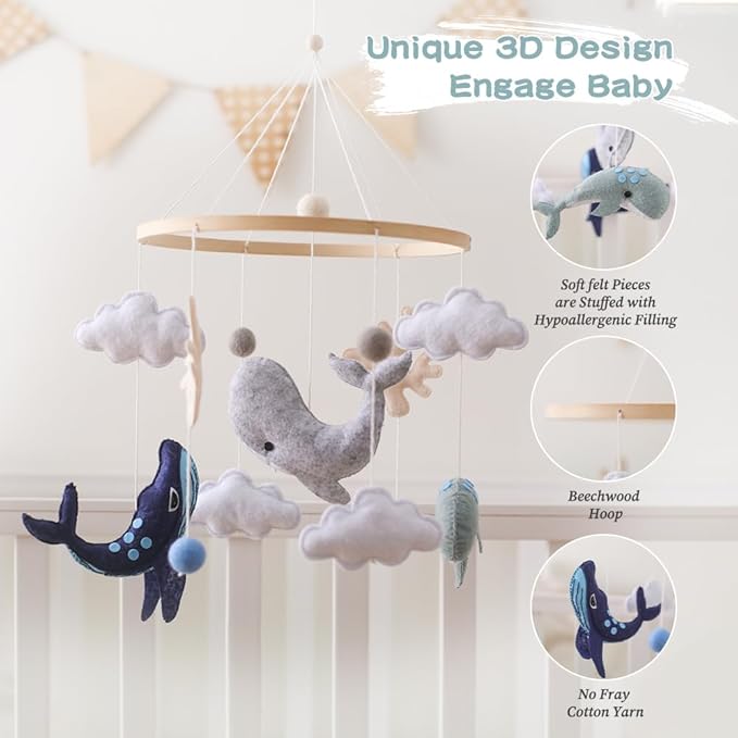 EERKEOD Baby Crib Mobile Ocean Nursery Mobile for Boys Girls Handmade Felt Mobile for Crib Nursery Decor for Infant Bedroom Hanging Baby Mobile for Bassinet Newborn Baby Gift(Whales)