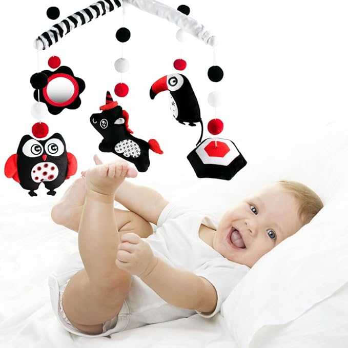 Montessori Mobile Baby for Crib,Black and White Baby Crib Mobile with Music for Boys & Girls,High Contrast Hanging Crib Toys, Newborn Visual Stimulation to Engage