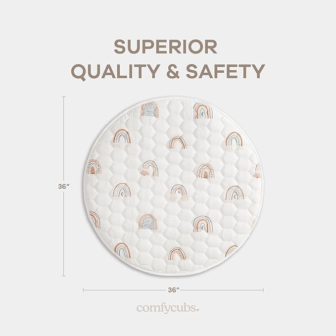 Comfy Cubs Round Kids Play Mat -Small 36 inches Soft Quilted Baby Floor Mat with Non-Slip Bottom - Plush Design for Toddlers' Playtime and Relaxation - Comfortable and Durable - Rainbow