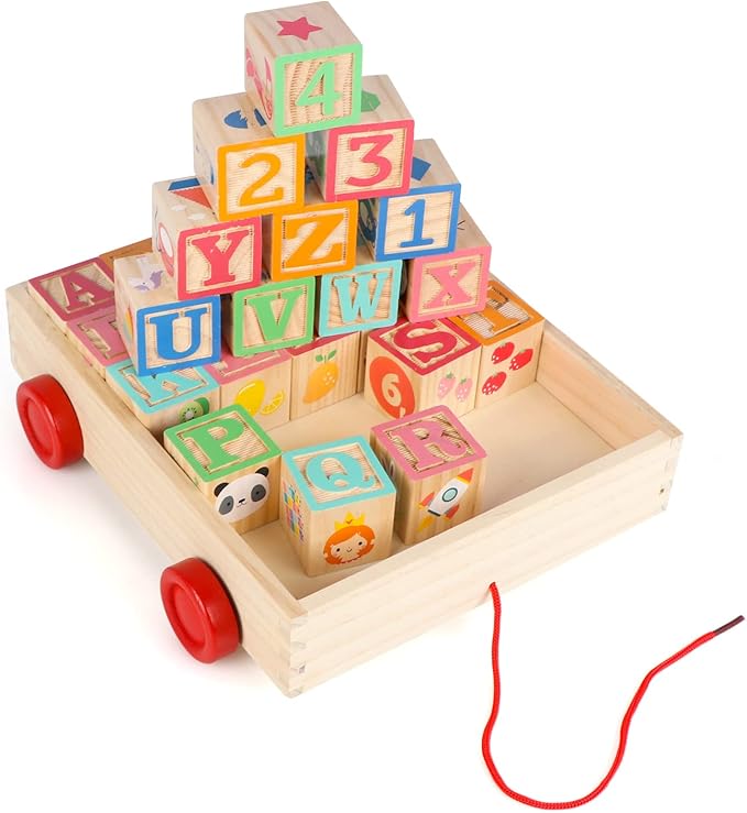 Joqutoys Wooden Building Blocks for Toddlers 1-3, Large Wood Baby Stacking Blocks Set for Kids, 30 PCS Alphabet Blocks with Toy Wagon, Educational Wooden Toys for Boys Girls Gifts 1.65"