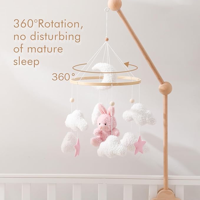 EERKEOD Baby Crib Mobile Bunny Nursery Mobile for Boys Girls Teddy Velvet Mobile Nursery Decor for Infant Bedroom Hanging Baby Mobile for Bassinet Newborn Baby Gift(Pink Bunny)