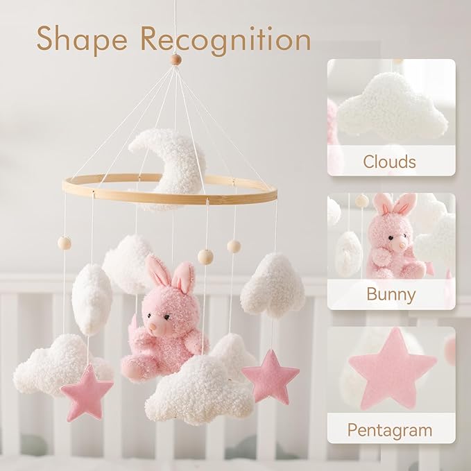 EERKEOD Baby Crib Mobile Bunny Nursery Mobile for Boys Girls Teddy Velvet Mobile Nursery Decor for Infant Bedroom Hanging Baby Mobile for Bassinet Newborn Baby Gift(Pink Bunny)