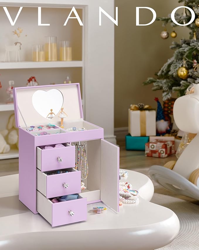 Vlando Musical Jewelry Box for Girls, Large Kid Music Box with Ballerina for Birthday Bedroom Decor, 4 Layer Girl Jewelry Gifts for Girls Kids - Purple