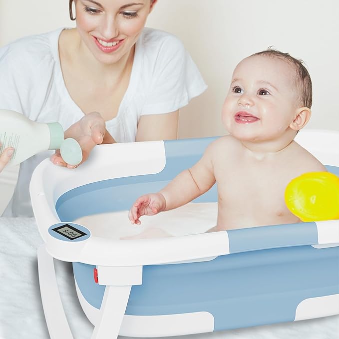 Collapsible Baby Bathtub,Baby Bath Tub with Soft Cushion & Thermometer,Baby Bathtub Newborn to Toddler 0-36 Months,Portable Travel Baby Tub