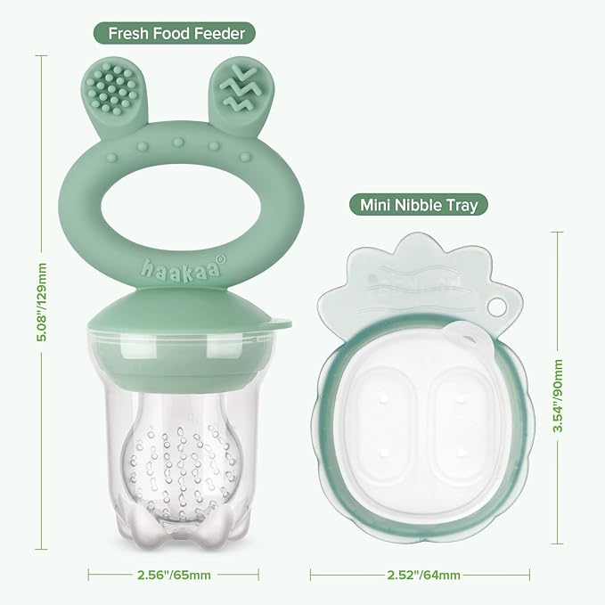 Haakaa Baby Fruit Food Feeder & Mini Freezer Nibble Tray Combo, Breastmilk Popsicle Molds for Cooling Relief, BPA Free Silicone Feeder for Safe Infant Self Feeding, 4 Month+ (Pea Green)