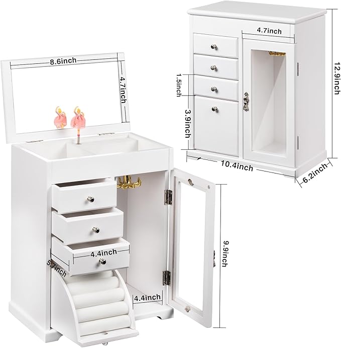 Miratino Jewelry Box for Girls, Kids Jewelry Box with Spinning Dancer, 5 Layer Large Wooden Musical Jewelry Organizer Box Gifts for Little Girls Christmas New Year Birthday Children's Day(White)