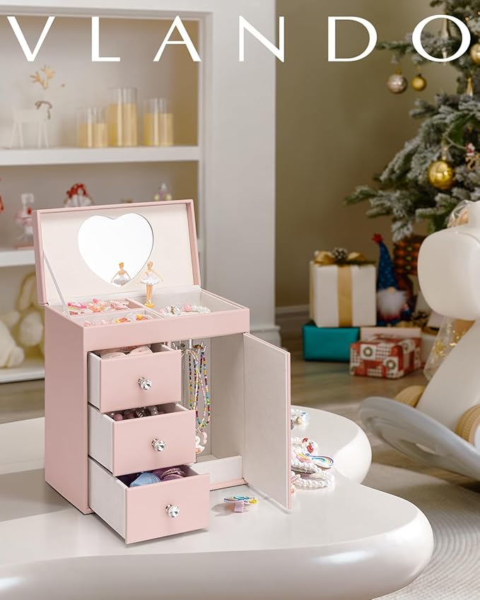 Vlando Musical Jewelry Box for Girls, Large Kid Music Box with Ballerina for Birthday Bedroom Decor, 4 Layer Girl Jewelry Gifts for Girls Kids - Pink