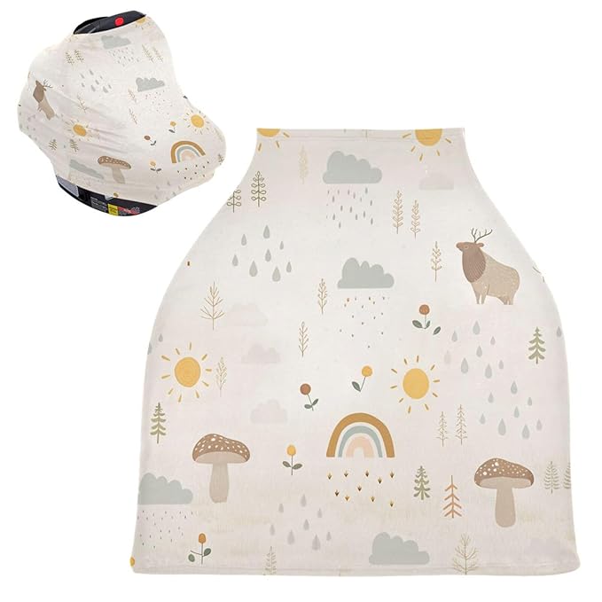 Kigai Mushroom Rainbow Baby Car Seat Covers for Newborn, Breathable Nursing Cover for Breastfeeding Moms, Baby Stroller/Shopping Cart/Stretchy Carseat Cover for Boy & Girl