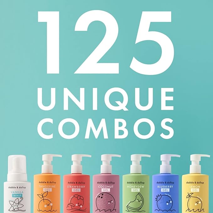 Dabble & Dollop Rainbow of Bubbles – Natural 4-in-1 Bath Set for Kids, Includes Bubble Bath, Body Wash, Shampoo, USA Made, No Parabens/Sulfates, Vegan, Gluten-Free, Tear-Free (7-Pack)