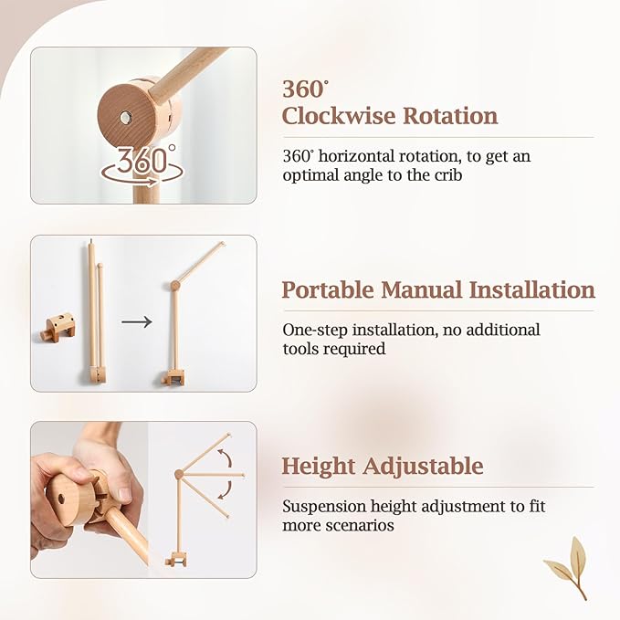 Baby Crib Mobile Arm - Wooden Mobile Arm with Height Adjustable&360° Rotatable Upgraded Arched Base Nursery Mobile Holder for Crib Mobile Hanger Baby Crib Attachment Nursery Decor