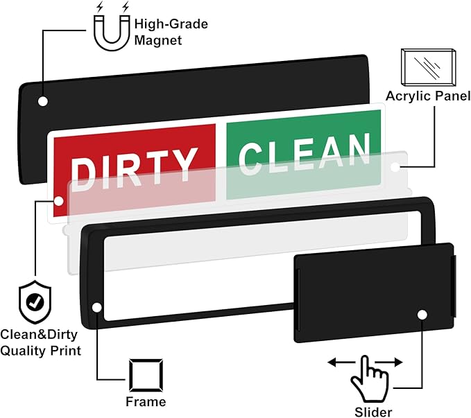 KitchenTour Clean Dirty Dishwasher Magnet - Upgrade Super Strong Magnet Version - Easy to Read Non-Scratch Magnetic Indicator Sign with Clear, Bold & Colored Text - Black