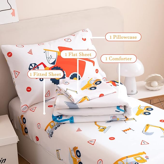 PERFEMET 4 Pieces Construction Toddler Bedding Set Excavator Truck Boy Toddler Bed in A Bag Colorful Reversible Cartoon Tractors White Crib Comforter Set for All Seasons(White, Truck/Tractor)