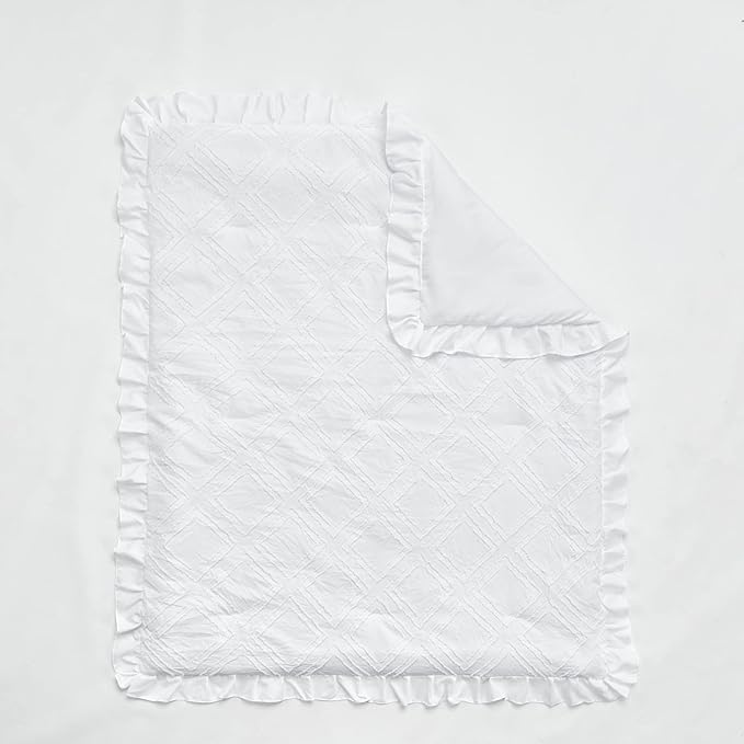 Tufted Ruffle Crib Bedding Set 3 Pieces Baby Boho Quilted Comforter with Fitted Sheet and Bed Skirt - Cute Ruffled Shabby Chic Baby Bedding Soft Blanket Design White