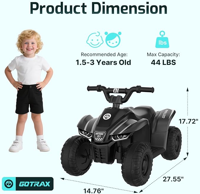 Gotrax RT1 Ride on Toys for Toddlers 1.5-3, Safe 12V Lead-acid Battery up to 80 Minutes, Forward/Reverse 2 Gears, Max 1.5MPH Speed&8" Big Tire, Electric Vehicle ATV Car Best Gift for Age1.5–3 Boy Girl