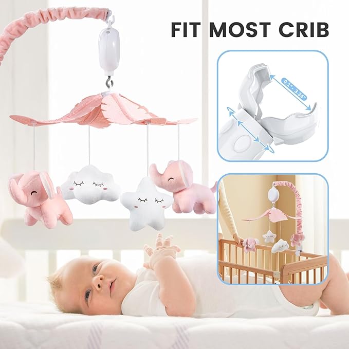 FEISIKE Crib Mobile for Girls Baby Mobiles with 3 Modes Digital Music Box(Turn Only, Music Only, Turn & Music, 35 Lullabies, Pink Elephant Nursery Mobile, Clamp Type, Pretty Box Packaging