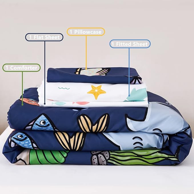 PERFEMET 4 Pieces Twin Bed in A Bag Navy Blue Ocean Animal Themed Kids Comforter Set for Boys Girls Soft Reversible Marine Life Bed Set with Kids Sheets(Navy Blue, Sharks/Dolphins/Fish)