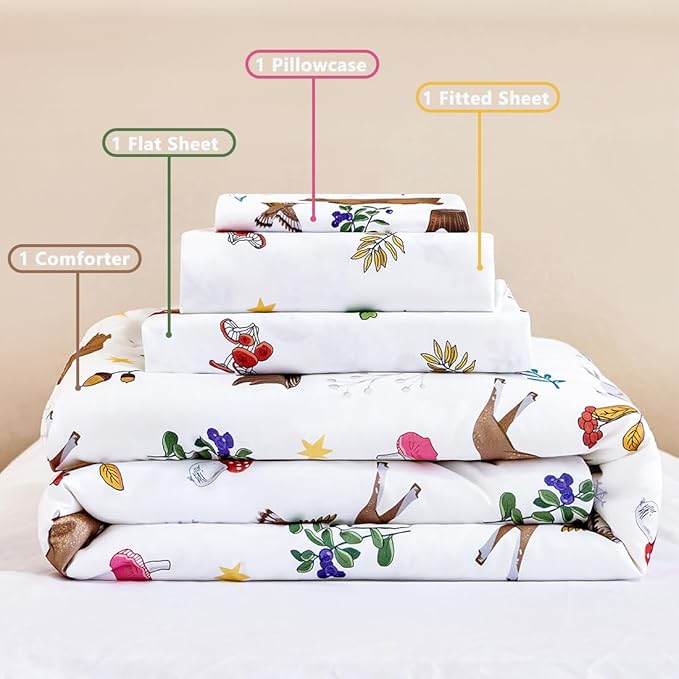 PERFEMET 4-Piece Toddler Bedding Set-Reversible Woodland Animal Toddler Bed Sets for Boys Girls-Soft Lightweight Cartoon Bear Deer Print Toddler Bed Comforter with Sheets for All Season