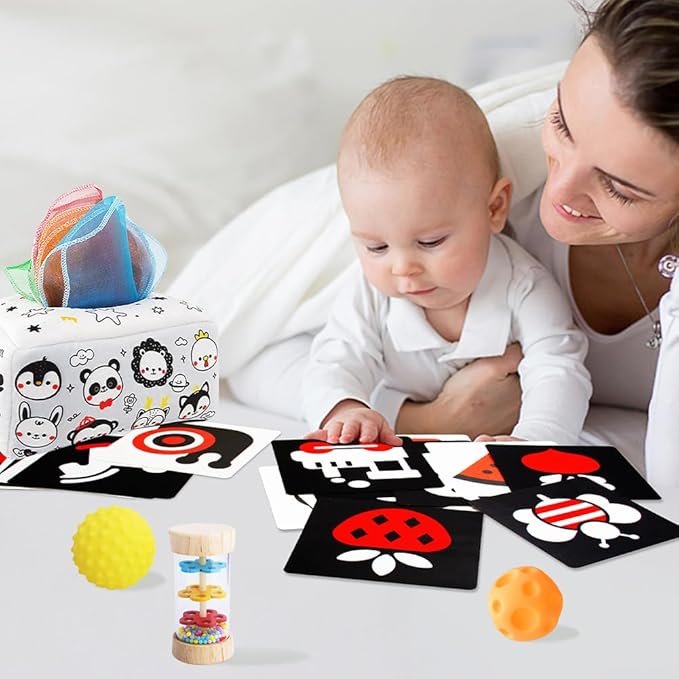Montessori Toys for Babies 0-6 Months,7 in 1 Newborn Toys Baby Gifts Set Early Learning Toys with Black & White Baby Flashcards,Tummy Time Mirror,Baby Rattle,Sensory Balls,Tissue Box Toys,Rain Stick