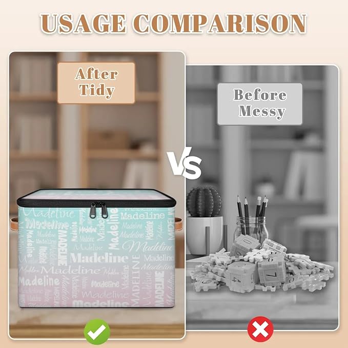 Custom Storage Basket with Name, Personalized Storage Bins with Zipper Lid, Foldable Fabric Storage Box Large capacity with Handle Green Pink