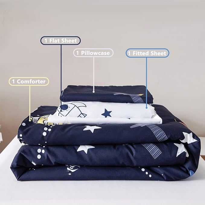 PERFEMET 4 Pcs Toddler Bedding Dark Blue Outer Space Printed Toddler Bed Set with Sheets Reversible Planet Rocket Pattern Bed in a Bag for Toddlers(Dark Blue, Planet/Rocket)