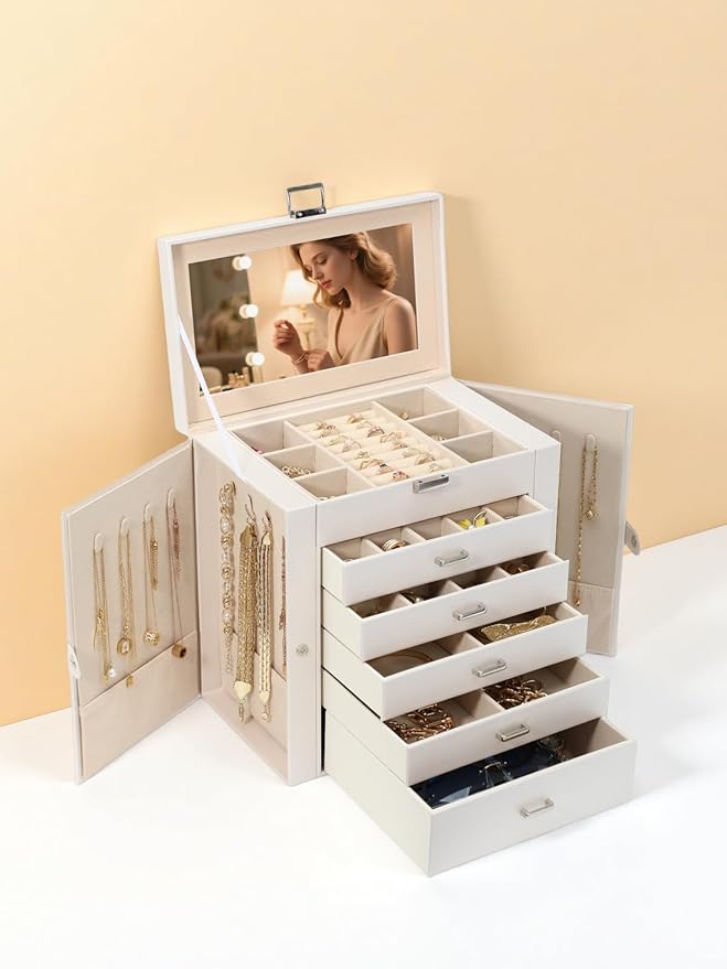 BOOVO Jewelry Box For women, 6 Layer Large Jewelry Organizer With Mirror, Multi-Function Storage Box With Lock, Accessory Holder With 5 Drawers, For Earrings Necklace Ring Bracelet (Pearl White)