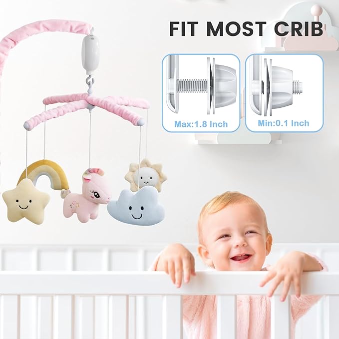 Feisike Crib Mobile for Girls - Baby Mobile for Crib with 35 Lullabies, 3 Modes Digital Musical Box(Turn Only, Music Only, Turn & Music, Pink, Nursery Toys, Nursery Decor, Knob Type