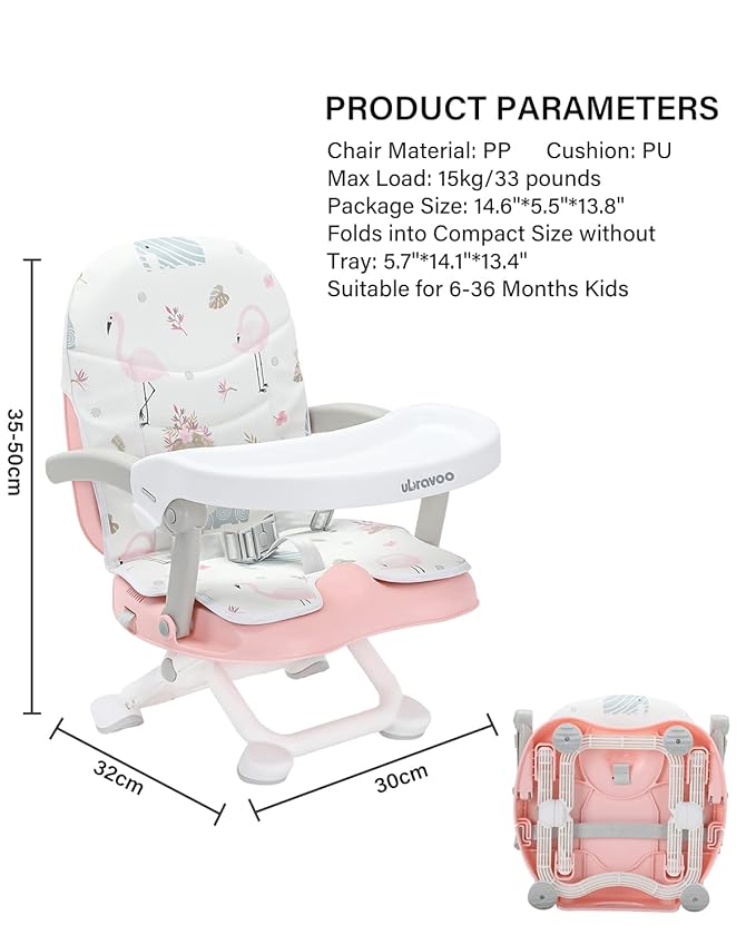 2in1 Portable Toddler Booster Seat, Grow with Baby Booster Seat for Dining Table with Removable Tray & Seat Pad, high Chair for Travel, ACE1013 Pink Flamingos