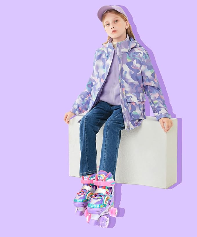 4-Pejiijar Rainbow Unicorn Kids Roller Skates for Girls Toddler Ages 2-4 5-8 8-12,Adjustable Roller Shoes with Luminous Wheels for Birthday Xmas Gifts