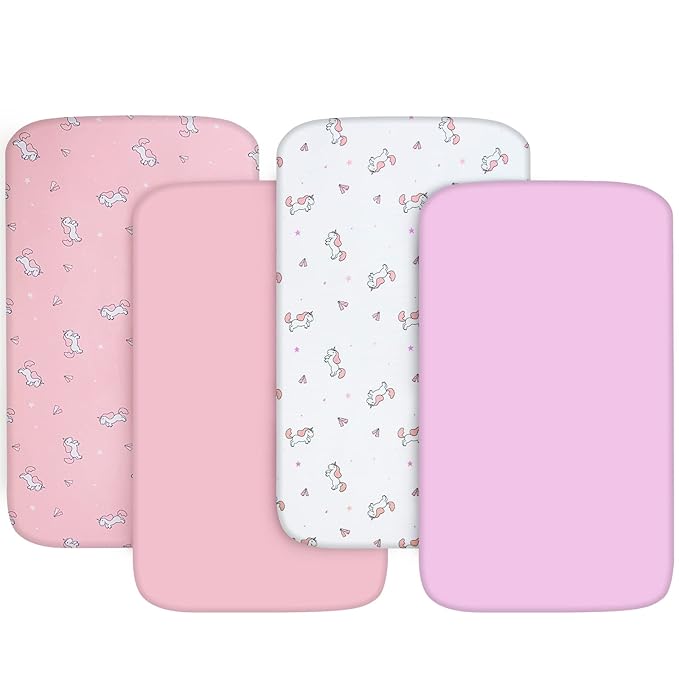 Mini Crib Sheets Set for Girls, 4 Pack, Mini Portable Crib Sheets for Girs (38" X 24") | Multiuse for Pack n Play, Playard, Playpen, Mini Crib, Pink Print