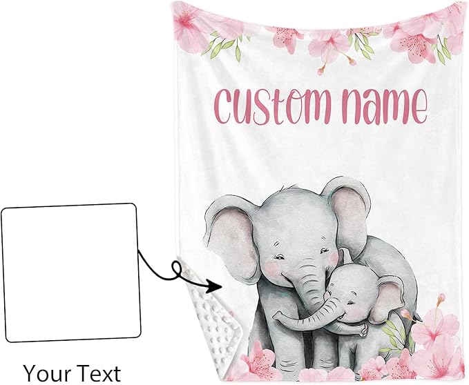 Personalized Baby Crib Bedding Set for Baby Girls, Pink Flower Elephant Design Custom Name Baby Crib Sets 5-Pcs, Toddler Double Layer Blanket Fitted Sheets Changing Pad Cover Rug Wall Art Set