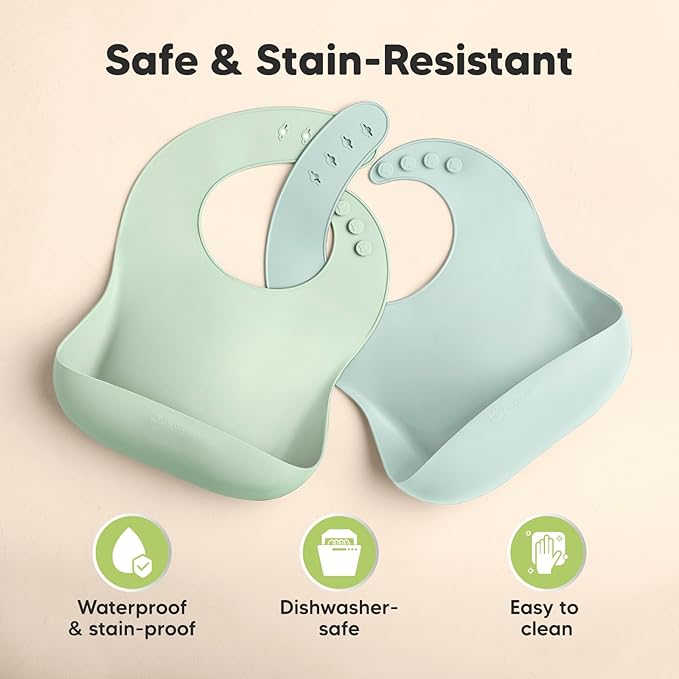 KeaBabies 2-Pack Silicone Baby Bibs for Eating - Sturdy Food-Grade Silicone Bibs for Babies Girl, Boy, Large Food Catcher, Clean & Put On Easily, Waterproof Toddler Feeding Essentials(Pastel Sky)