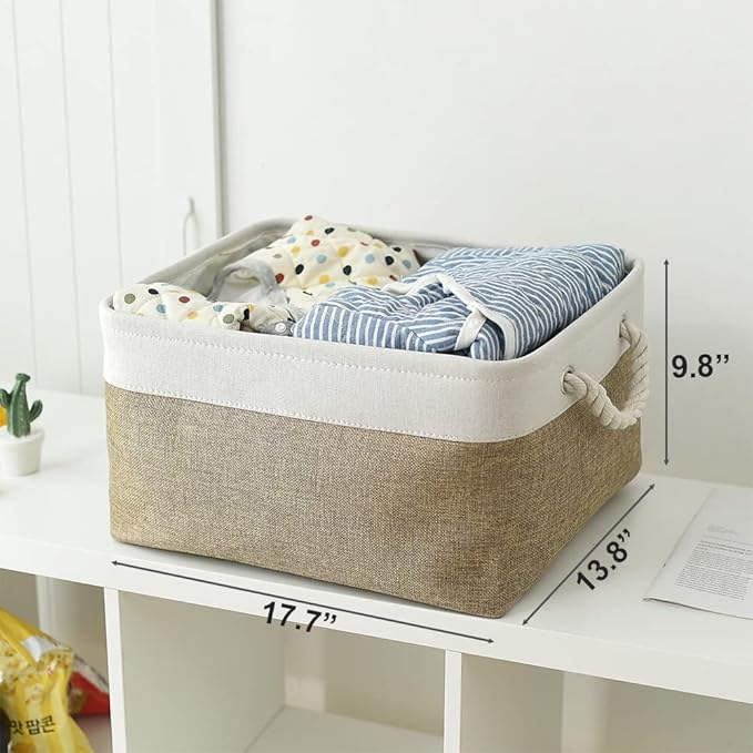 TheWarmHome Organization and Storage Basket for Organizing - X Large - 3 Pack 17.7L×13.8W×9.8H in Collapsible Storage Bin for Shelves, Fabric Basket for Gifts Organizer Toy Closet (White & Khaki)