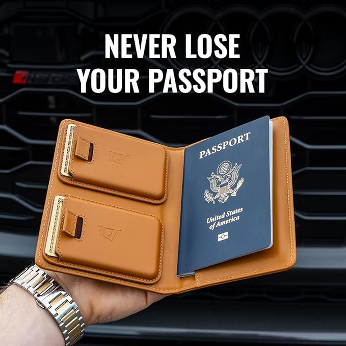 Kings Loot Passport Holder Wallet | RFID Protected Leather Travel Wallet with Built-in Trackable Holder | Holds 1-6 Cards & Passport | Slim & Stylish Wallets (Cognac)