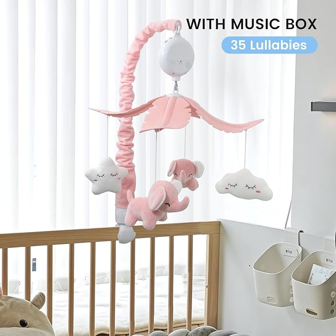 FEISIKE Crib Mobile for Girls Baby Mobiles with 3 Modes Digital Music Box(Turn Only, Music Only, Turn & Music, 35 Lullabies, Pink Elephant Nursery Mobile, Clamp Type, Pretty Box Packaging