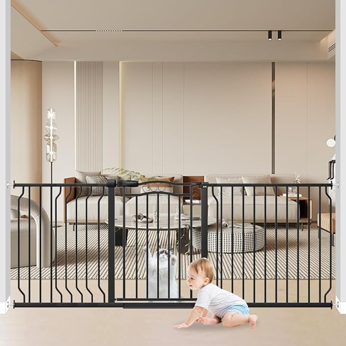 Extra Wide Baby Gate 67.3-81.1 Inch, Pressure Mounted Dog Gate Indoor, Walk Thru Pet Gate for Cat Dog Child,Pet Gates for The House Stairs Doorway Black
