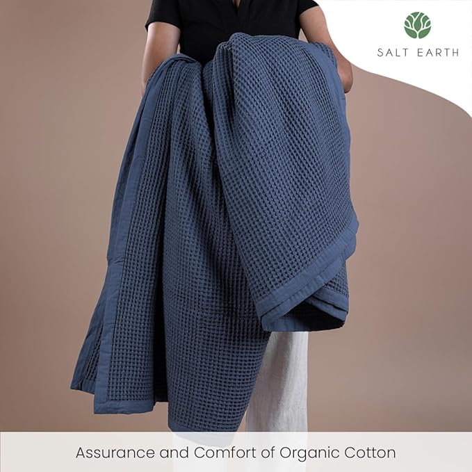 Salt Earth GOTS Certified 100% Organic Cotton Throw Blanket, 90" X 90" Waffle Blankets & Throws for Bed, Throw Blanket for Couch, Modern & Cozy Blanket, All Seasons Waffle Blanket, Soft Blanket(Navy)
