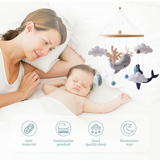 EERKEOD Baby Crib Mobile Ocean Nursery Mobile for Boys Girls Handmade Felt Mobile for Crib Nursery Decor for Infant Bedroom Hanging Baby Mobile for Bassinet Newborn Baby Gift(Whales)