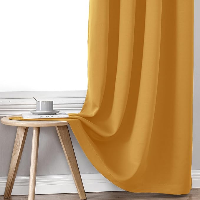 ChrisDowa 100% Blackout Curtains 120 inch Long for Bedroom with Black Liner, 2 Thick Layers Total Blackout Thermal Insulated Grommet Long Window Curtains 2 Panels Set (Mustard Yellow, 52 x 120 Inch)