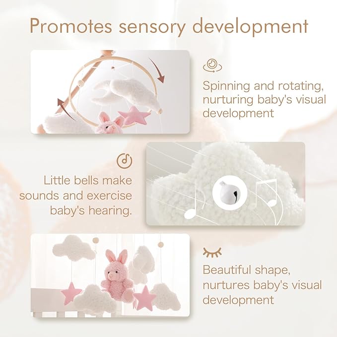 EERKEOD Baby Crib Mobile Bunny Nursery Mobile for Boys Girls Teddy Velvet Mobile Nursery Decor for Infant Bedroom Hanging Baby Mobile for Bassinet Newborn Baby Gift(Pink Bunny)