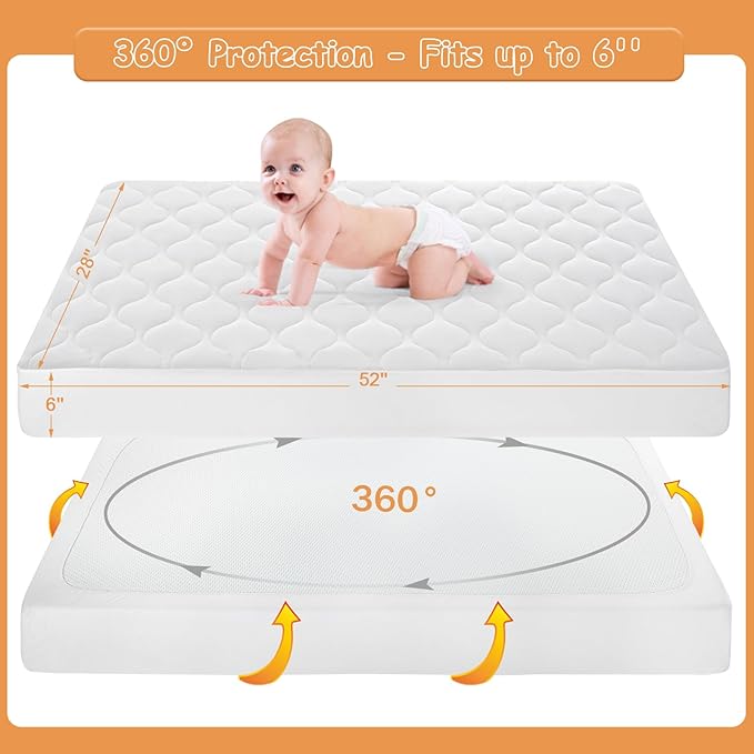 Yoofoss Waterproof Crib Mattress Protector, Quilted Infant Mattress Pad Cover Soft and Breathable, Machine Washable Toddler Mattress Protector for Standard Baby Crib Size 52''x28''