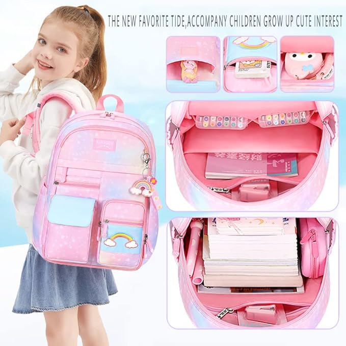 Kawaii Backpack, Pink Backpack for Girls, Kid Starry Rainbow Bookbag, Cute Backpack for Kids, Aesthetic Backpack, Pink(3 PCS Set)