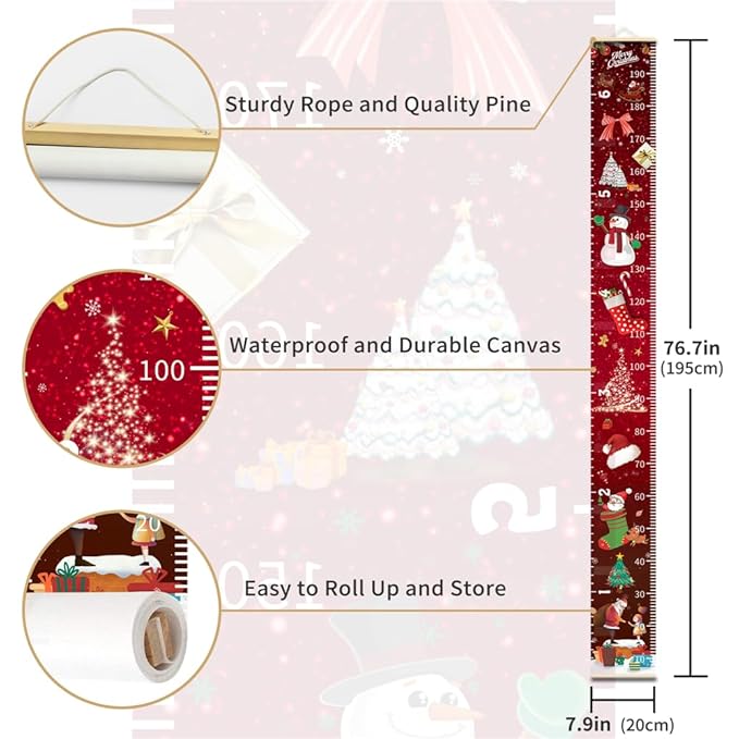 Christmas Baby Growth Chart for Wall, Height Chart for Kids, Xmas Kids Nursery Decor, Hanging Ruler Wall Decor, Kids Room Decor, Holiday Gifts for Boys Girls Toddlers - 76.7 x 7.9in with Beige Wood
