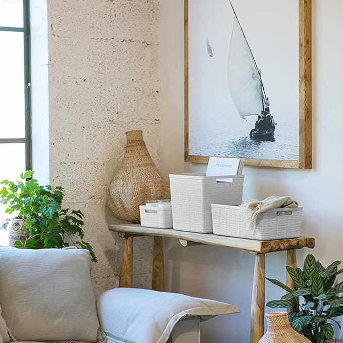 Curver Set of 6 Jute Medium Decorative Plastic Organization and Storage Baskets, Perfect Bins for Home Office, Closet Shelves, Kitchen Pantry and All Bedroom Essentials, White