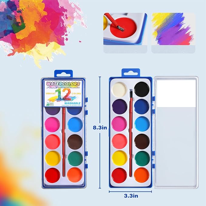 24 Packs Watercolor Paint Set Bulk, 12 Vibrant Colors Washable Watercolors with Brushes for Kids, Art Activities Painting Supplies for School Classroom Home