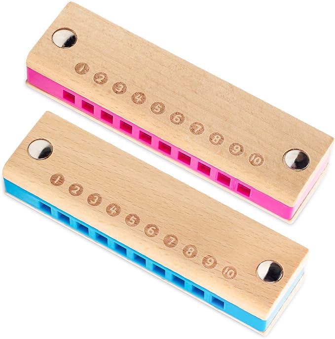 Koogel 2PCS Kids Harmonica, 10 Hole Wooden Beginner Mouth Organ Toy Musical Instruments for Kids Adults Birthday Gifts