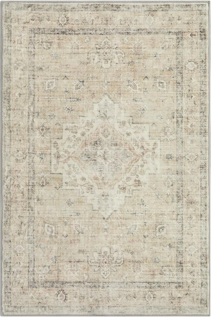 LIVEBOX Washable Rug 2x3 Kitchen Mats for Floor Entryway, Non Slip Front Door Mat for Bathroom Hallway, Boho Low-Pile Small Carpet Farmhouse Throw Indoor Rugs for Bath Sink, Tan