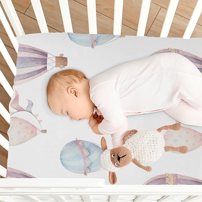 Watercolor Hot Air Balloon Crib Sheets for Boys and Girls, Fitted Baby Crib Sheets Soft and Breathable Mini Crib Sheets 39 X 27 X 5 Inches